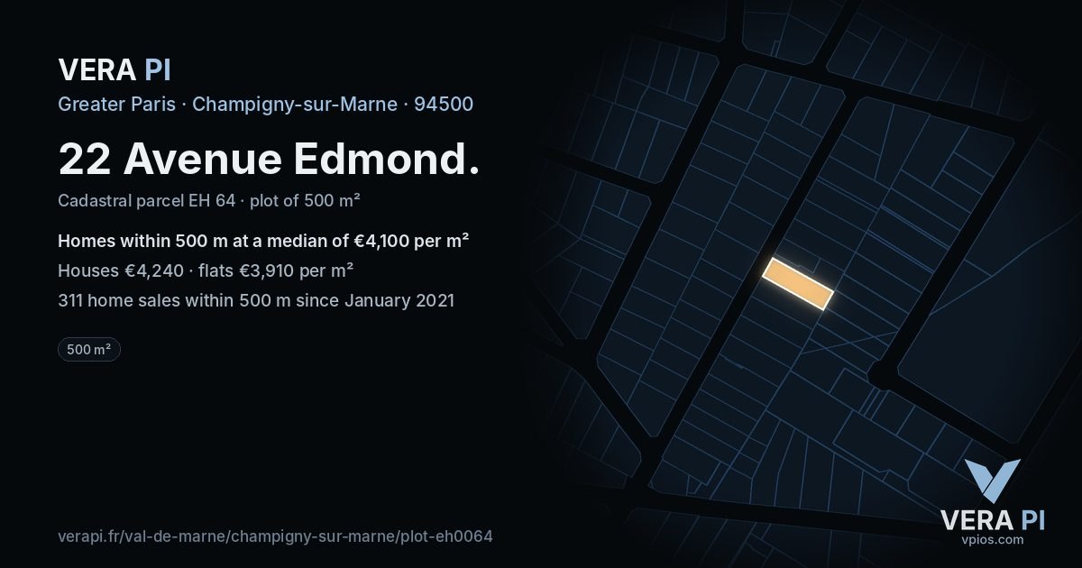 22 Avenue Edmond, Champigny-sur-Marne at night – the plot lit, the parcels around coloured by the prices near them