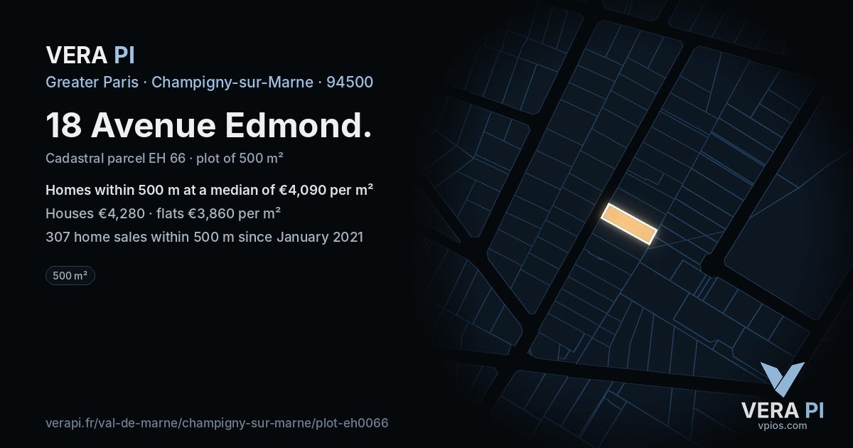 18 Avenue Edmond, Champigny-sur-Marne at night – the plot lit, the parcels around coloured by the prices near them