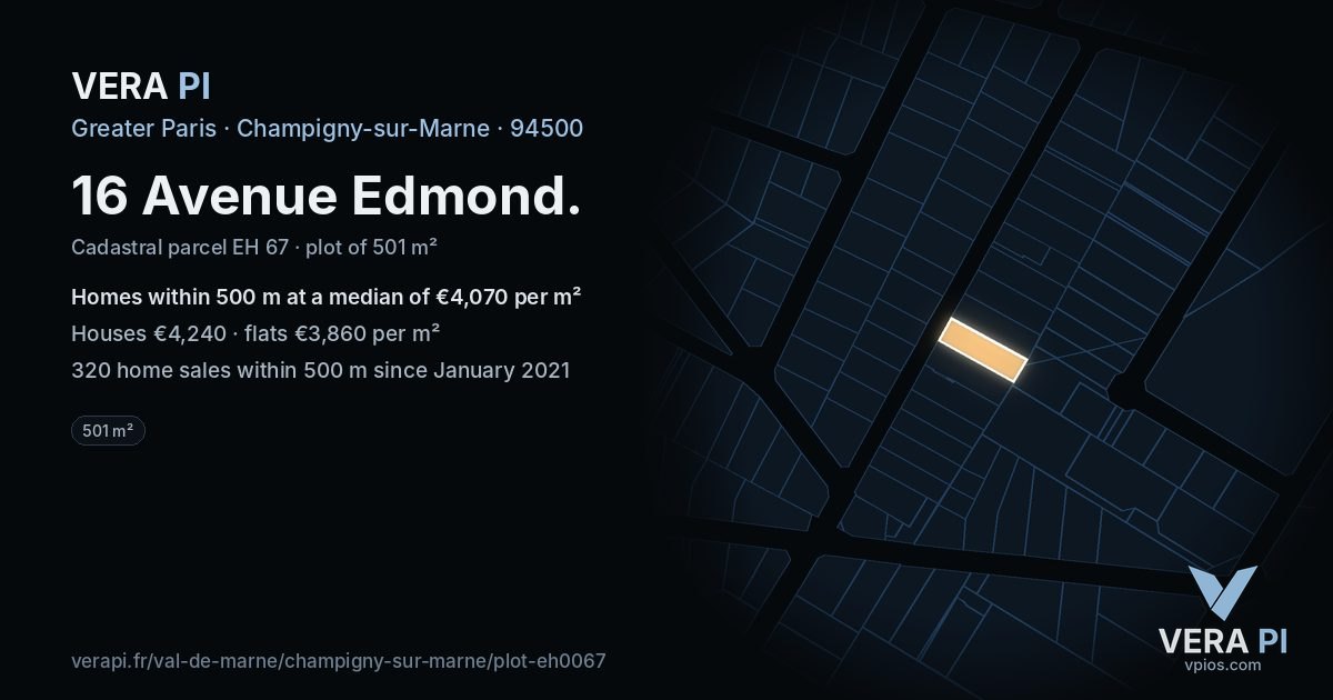 16 Avenue Edmond, Champigny-sur-Marne at night – the plot lit, the parcels around coloured by the prices near them