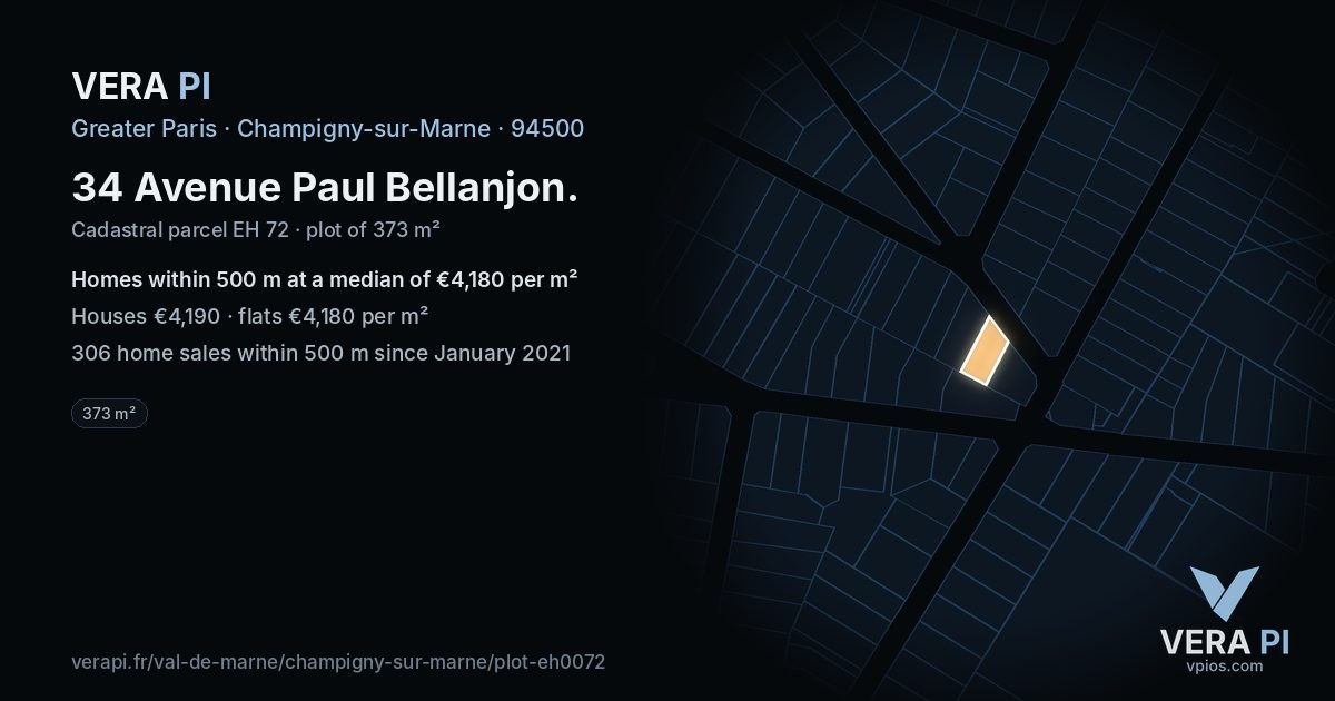 34 Avenue Paul Bellanjon, Champigny-sur-Marne at night – the plot lit, the parcels around coloured by the prices near them