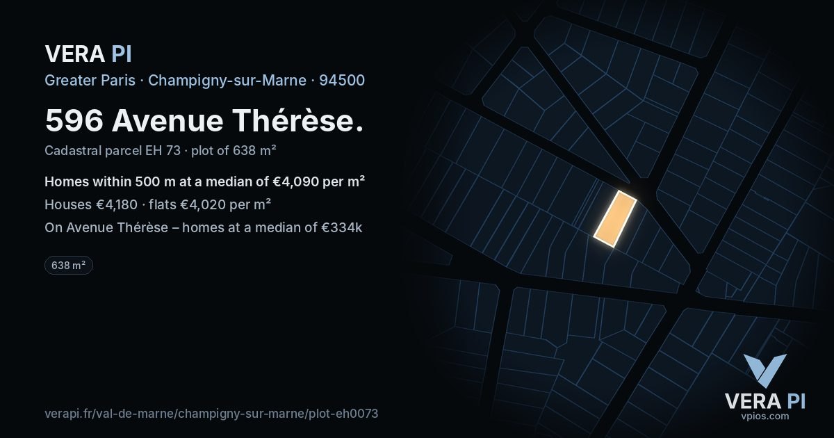 596 Avenue Thérèse, Champigny-sur-Marne at night – the plot lit, the parcels around coloured by the prices near them
