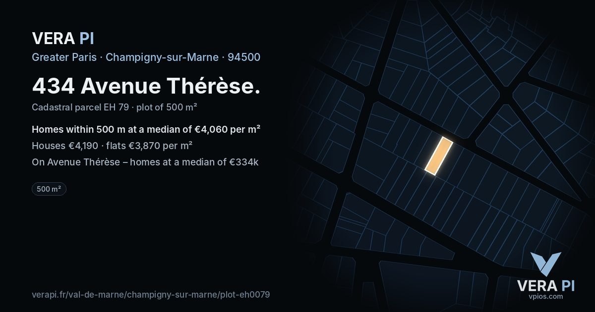 434 Avenue Thérèse, Champigny-sur-Marne at night – the plot lit, the parcels around coloured by the prices near them