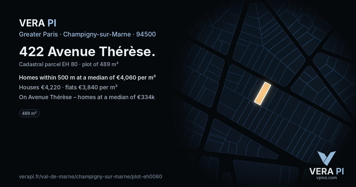 422 Avenue Thérèse, Champigny-sur-Marne at night – the plot lit, the parcels around coloured by the prices near them