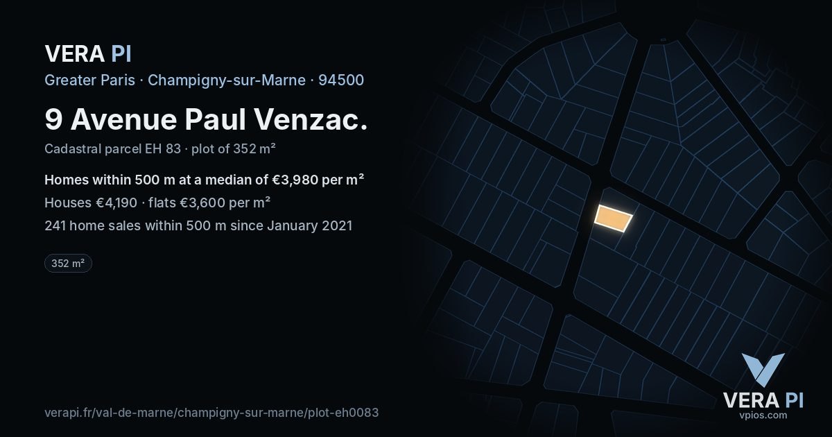 9 Avenue Paul Venzac, Champigny-sur-Marne at night – the plot lit, the parcels around coloured by the prices near them