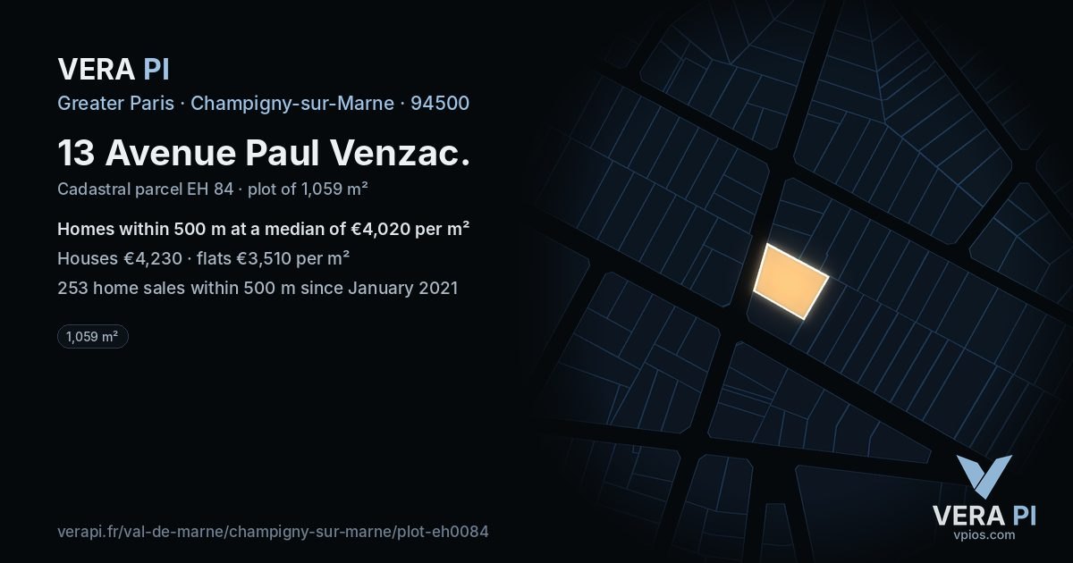 13 Avenue Paul Venzac, Champigny-sur-Marne at night – the plot lit, the parcels around coloured by the prices near them