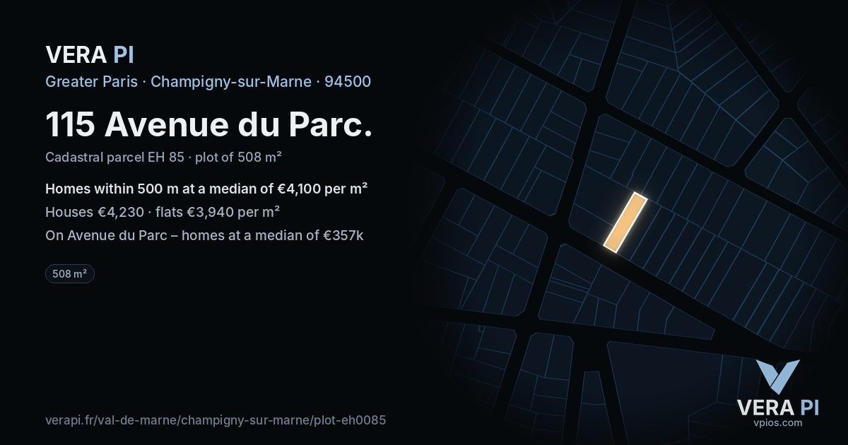 115 Avenue du Parc, Champigny-sur-Marne at night – the plot lit, the parcels around coloured by the prices near them