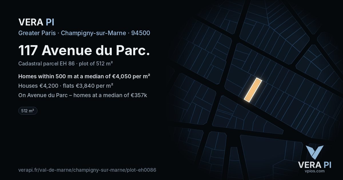 117 Avenue du Parc, Champigny-sur-Marne at night – the plot lit, the parcels around coloured by the prices near them