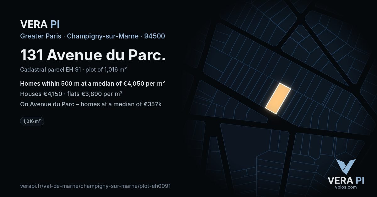 131 Avenue du Parc, Champigny-sur-Marne at night – the plot lit, the parcels around coloured by the prices near them