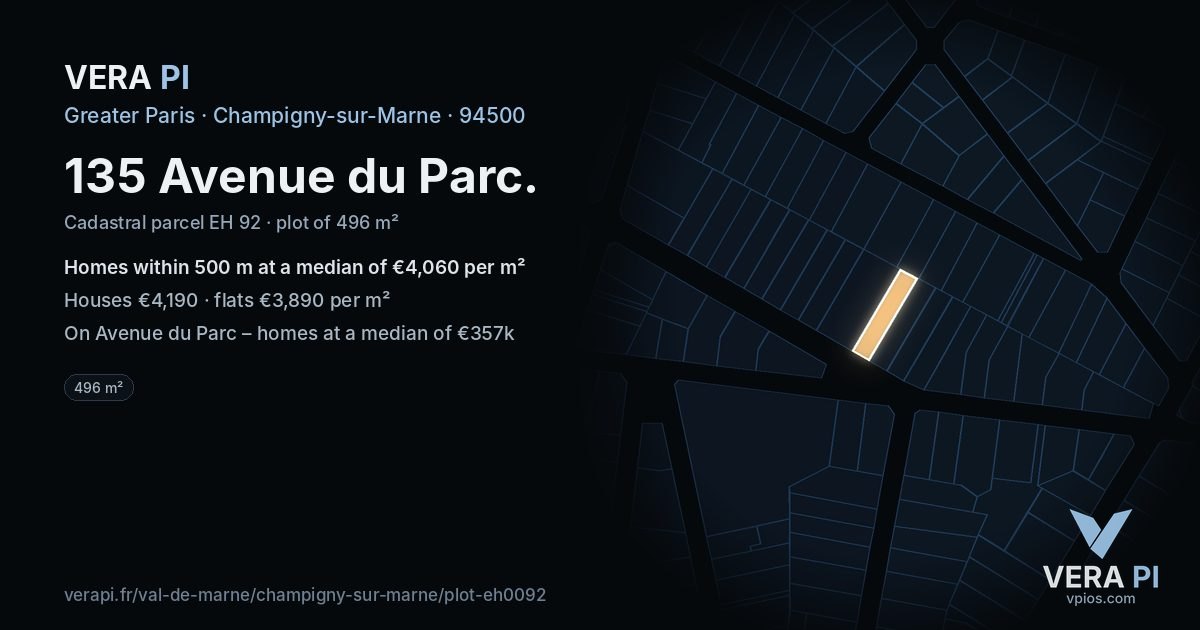 135 Avenue du Parc, Champigny-sur-Marne at night – the plot lit, the parcels around coloured by the prices near them