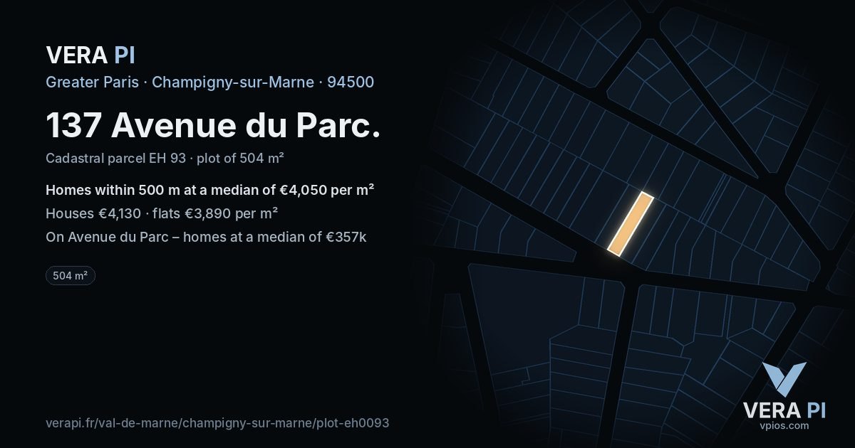 137 Avenue du Parc, Champigny-sur-Marne at night – the plot lit, the parcels around coloured by the prices near them