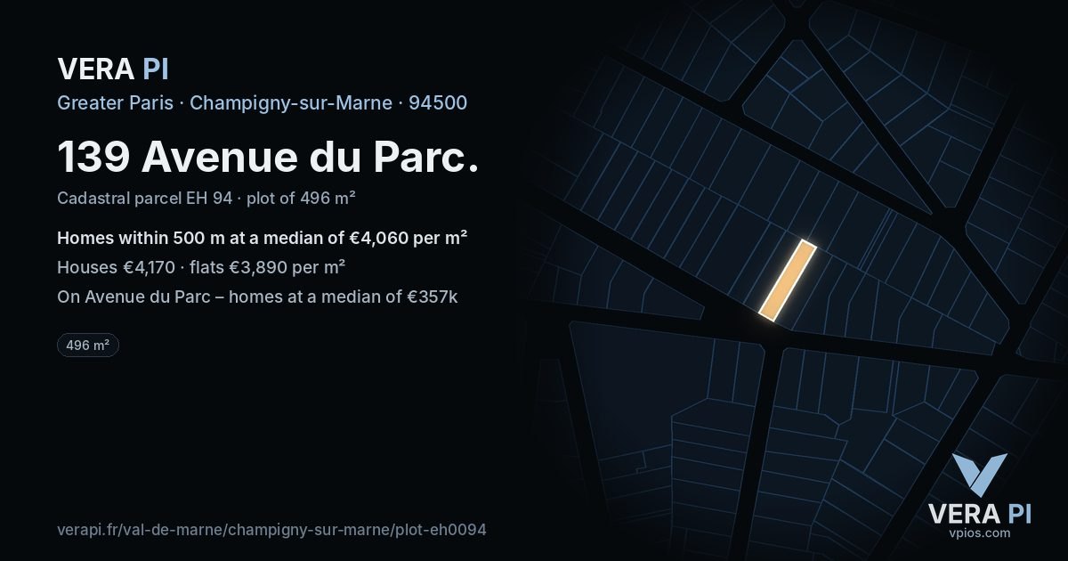 139 Avenue du Parc, Champigny-sur-Marne at night – the plot lit, the parcels around coloured by the prices near them