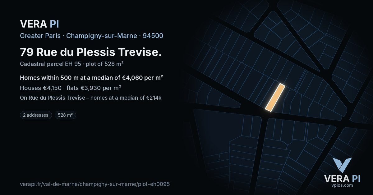 79 Rue du Plessis Trevise, Champigny-sur-Marne at night – the plot lit, the parcels around coloured by the prices near them