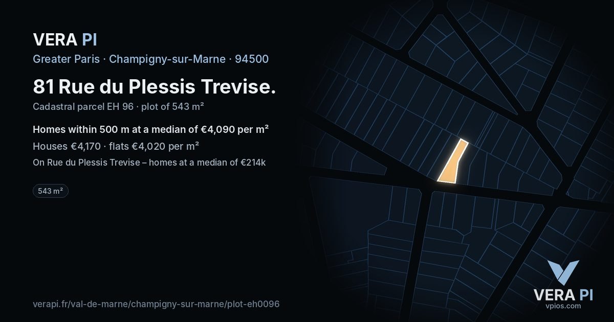 81 Rue du Plessis Trevise, Champigny-sur-Marne at night – the plot lit, the parcels around coloured by the prices near them