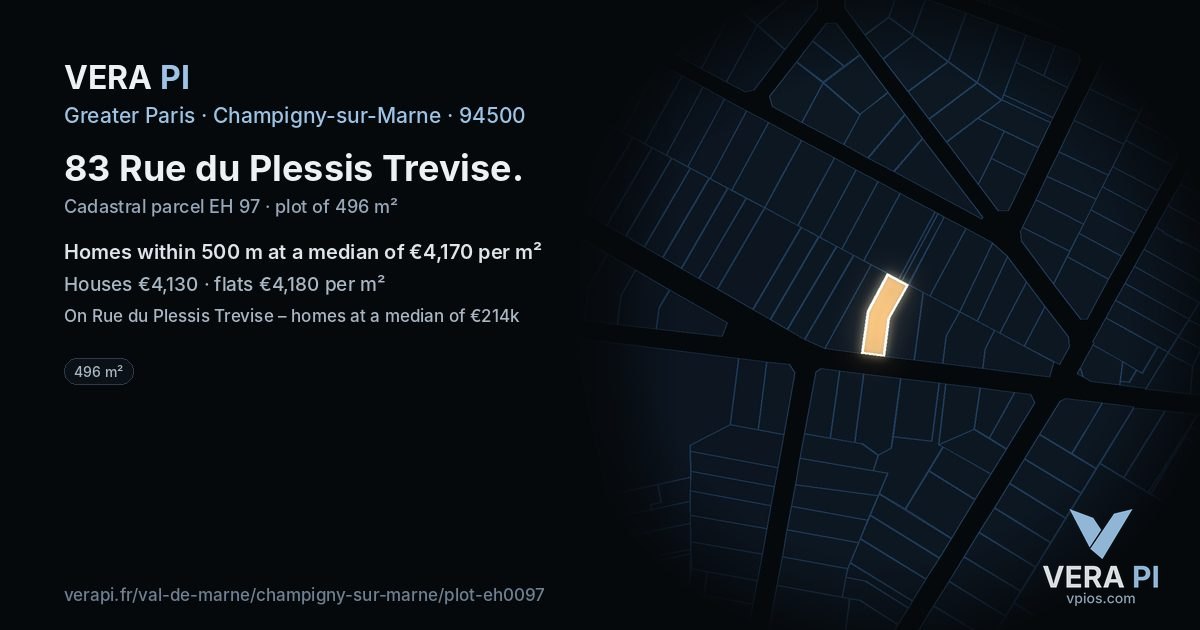 83 Rue du Plessis Trevise, Champigny-sur-Marne at night – the plot lit, the parcels around coloured by the prices near them