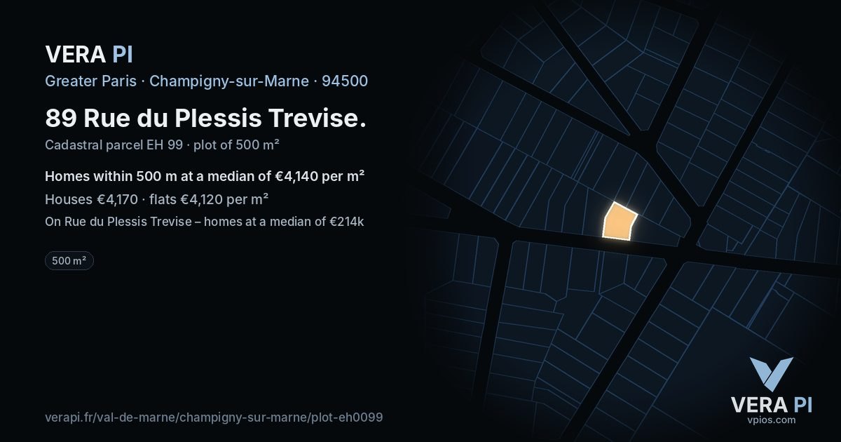 89 Rue du Plessis Trevise, Champigny-sur-Marne at night – the plot lit, the parcels around coloured by the prices near them