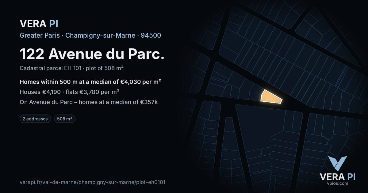 122 Avenue du Parc, Champigny-sur-Marne at night – the plot lit, the parcels around coloured by the prices near them