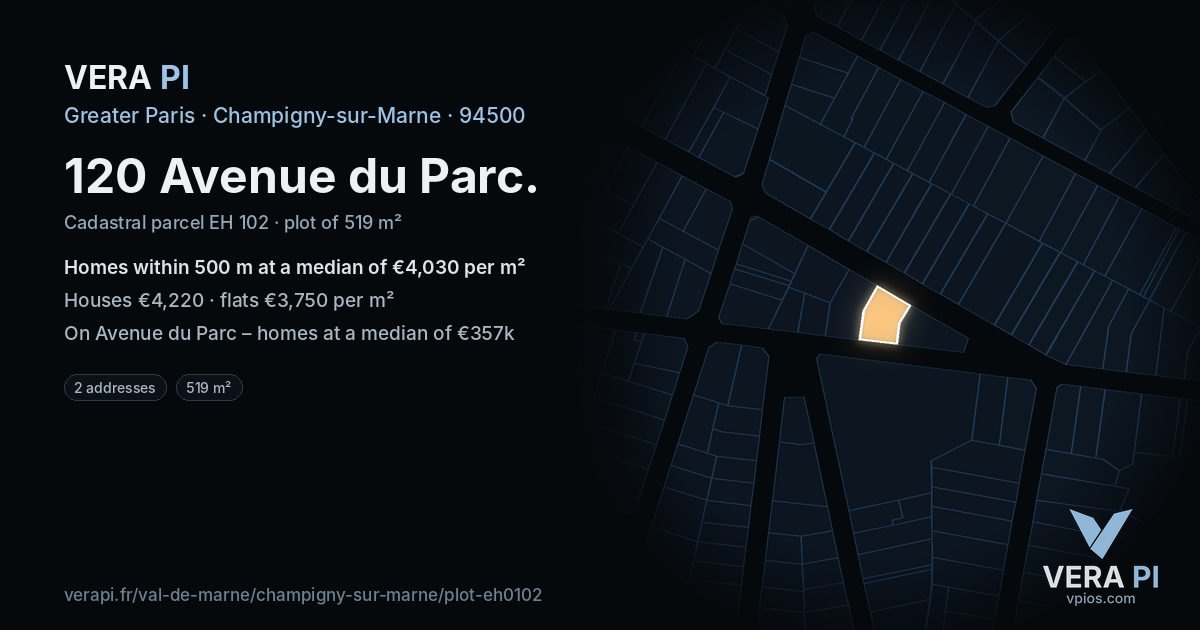120 Avenue du Parc, Champigny-sur-Marne at night – the plot lit, the parcels around coloured by the prices near them