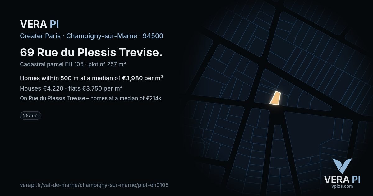 69 Rue du Plessis Trevise, Champigny-sur-Marne at night – the plot lit, the parcels around coloured by the prices near them