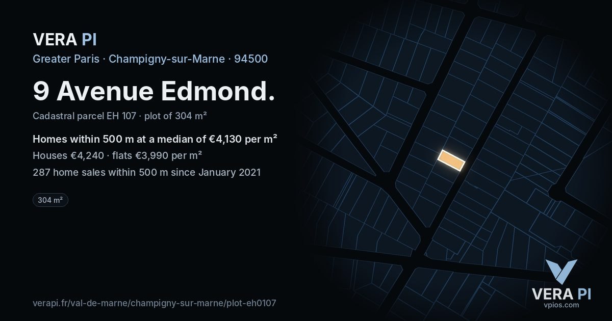 9 Avenue Edmond, Champigny-sur-Marne at night – the plot lit, the parcels around coloured by the prices near them