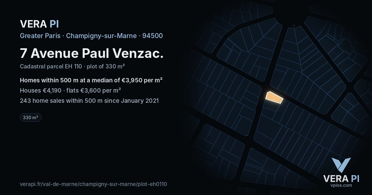 7 Avenue Paul Venzac, Champigny-sur-Marne at night – the plot lit, the parcels around coloured by the prices near them