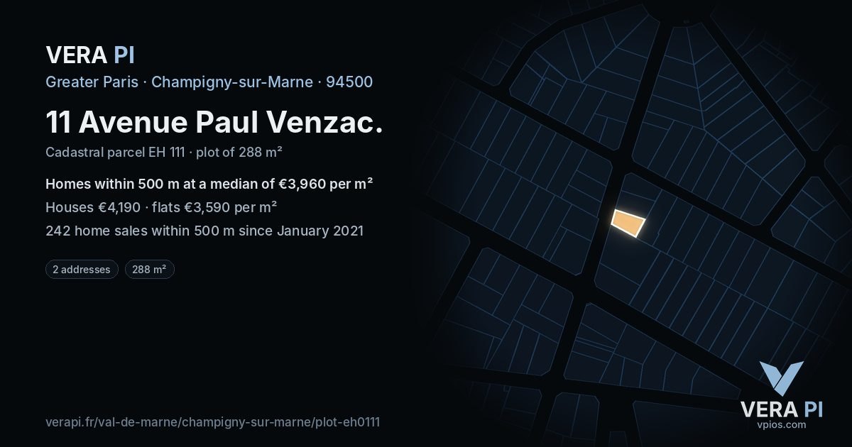 11 Avenue Paul Venzac, Champigny-sur-Marne at night – the plot lit, the parcels around coloured by the prices near them