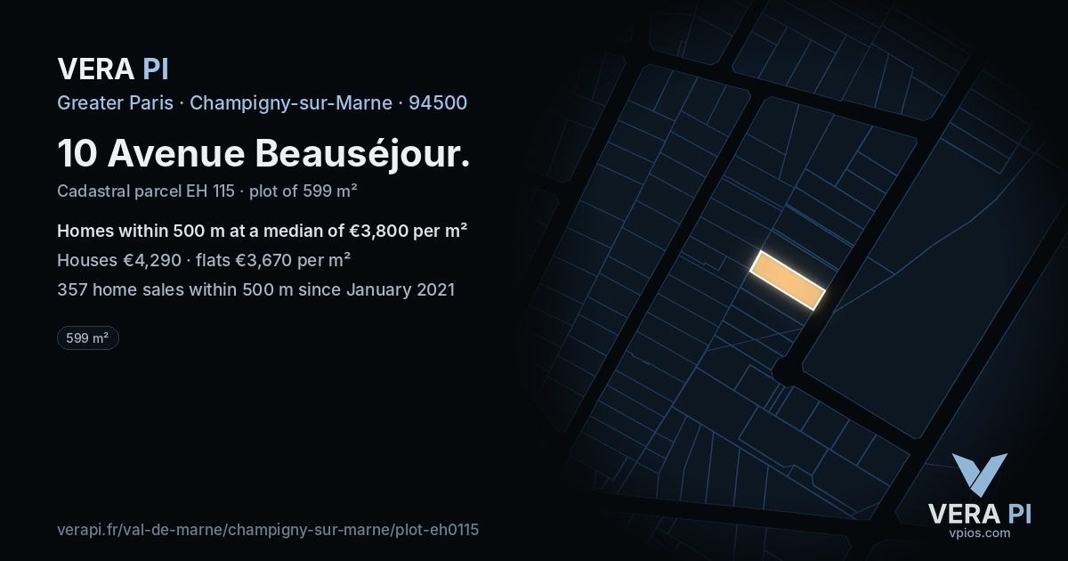 10 Avenue Beauséjour, Champigny-sur-Marne at night – the plot lit, the parcels around coloured by the prices near them