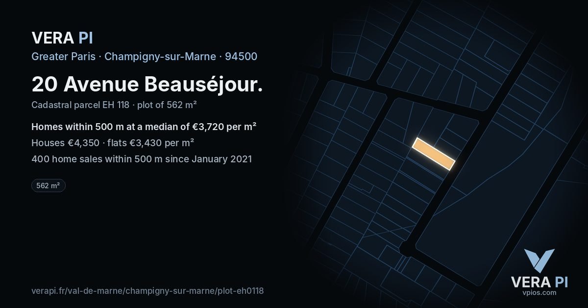 20 Avenue Beauséjour, Champigny-sur-Marne at night – the plot lit, the parcels around coloured by the prices near them