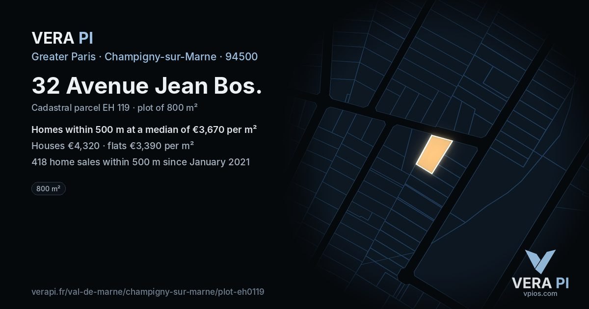 32 Avenue Jean Bos, Champigny-sur-Marne at night – the plot lit, the parcels around coloured by the prices near them