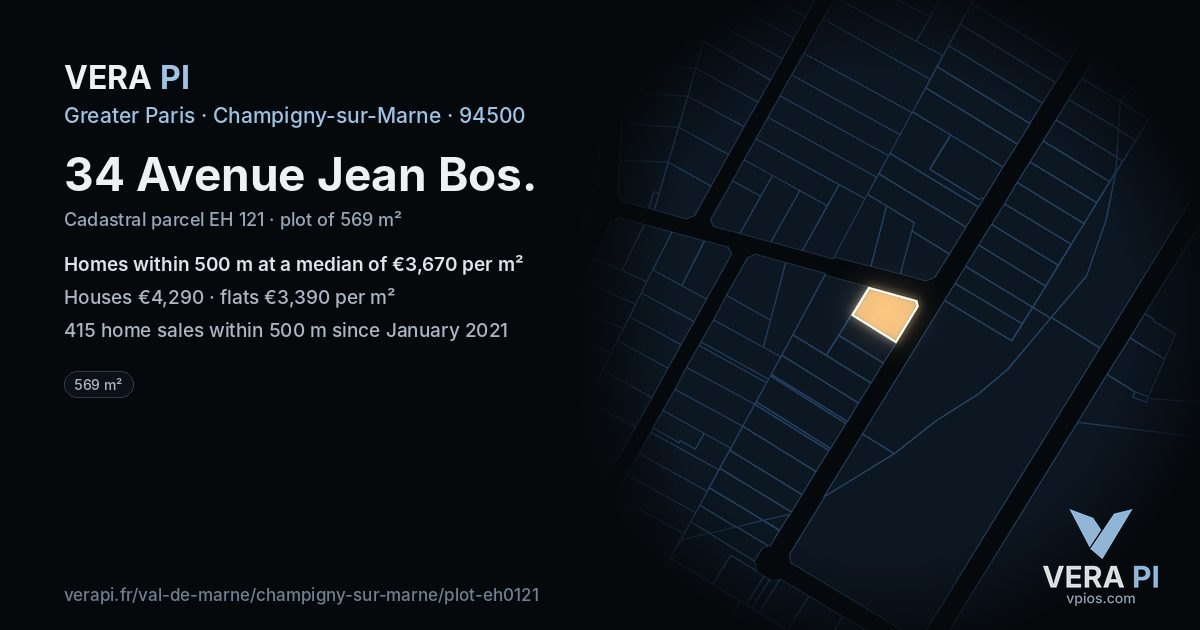 34 Avenue Jean Bos, Champigny-sur-Marne at night – the plot lit, the parcels around coloured by the prices near them