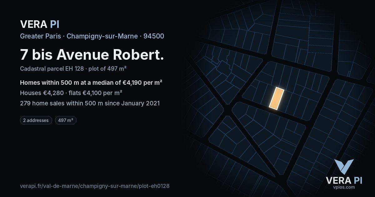 7 bis Avenue Robert, Champigny-sur-Marne at night – the plot lit, the parcels around coloured by the prices near them