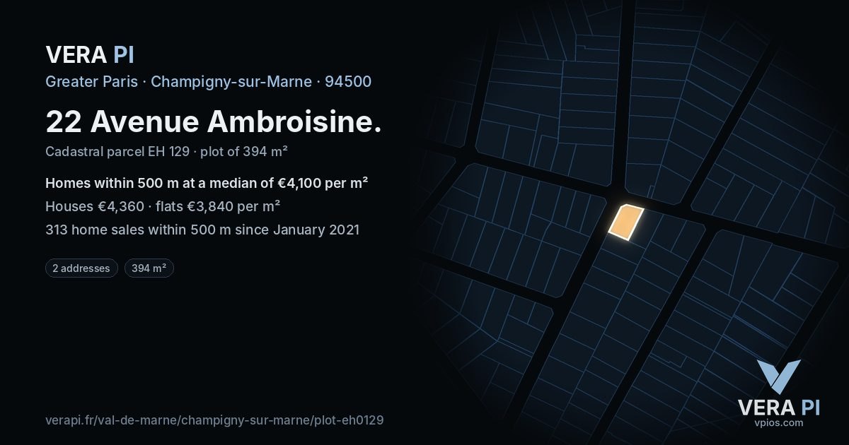 22 Avenue Ambroisine, Champigny-sur-Marne at night – the plot lit, the parcels around coloured by the prices near them