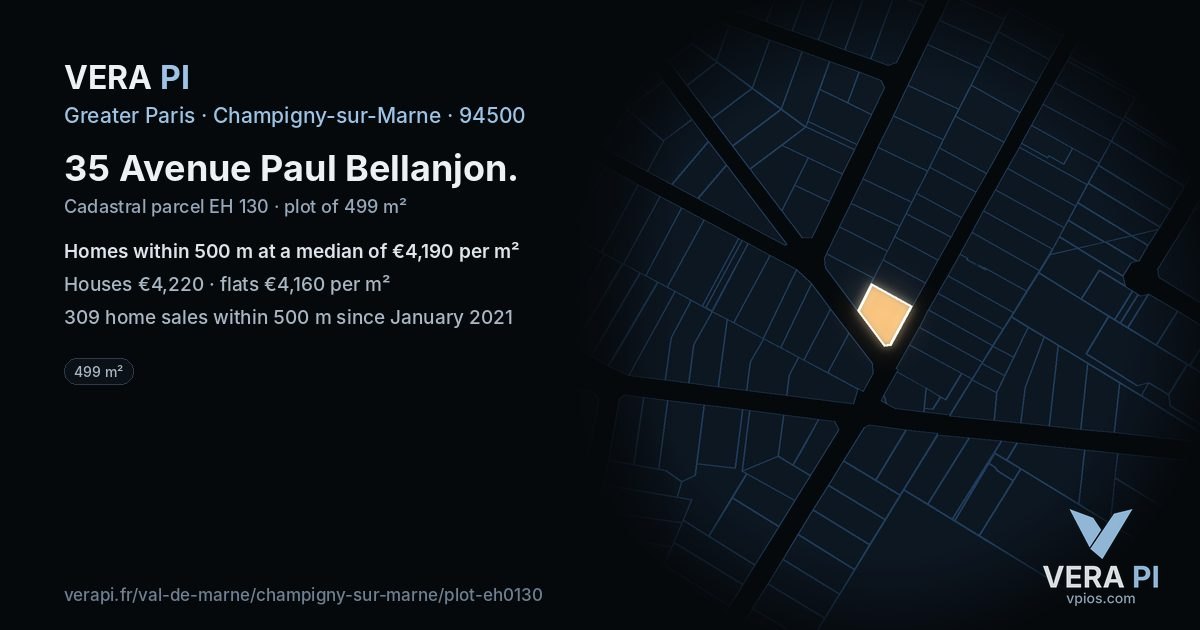 35 Avenue Paul Bellanjon, Champigny-sur-Marne at night – the plot lit, the parcels around coloured by the prices near them