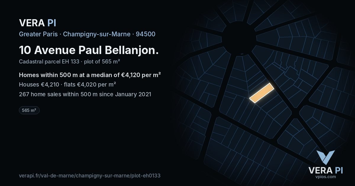 10 Avenue Paul Bellanjon, Champigny-sur-Marne at night – the plot lit, the parcels around coloured by the prices near them