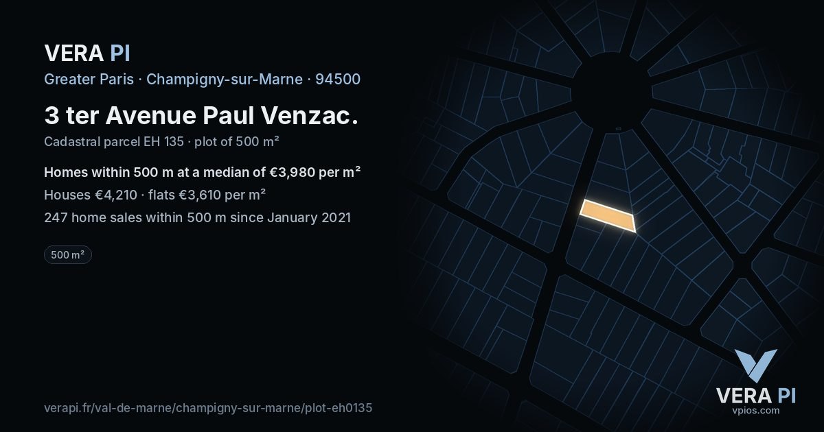 3 ter Avenue Paul Venzac, Champigny-sur-Marne at night – the plot lit, the parcels around coloured by the prices near them