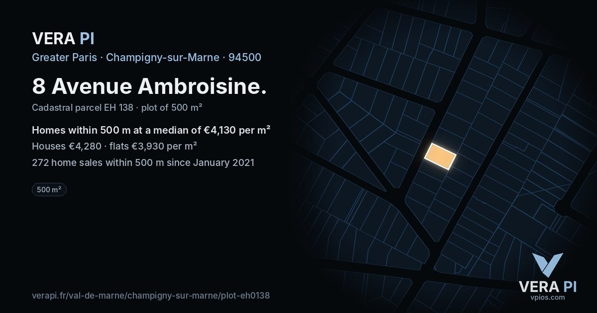 8 Avenue Ambroisine, Champigny-sur-Marne at night – the plot lit, the parcels around coloured by the prices near them