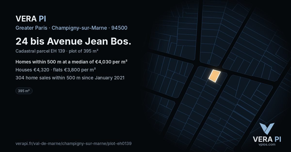 24 bis Avenue Jean Bos, Champigny-sur-Marne at night – the plot lit, the parcels around coloured by the prices near them