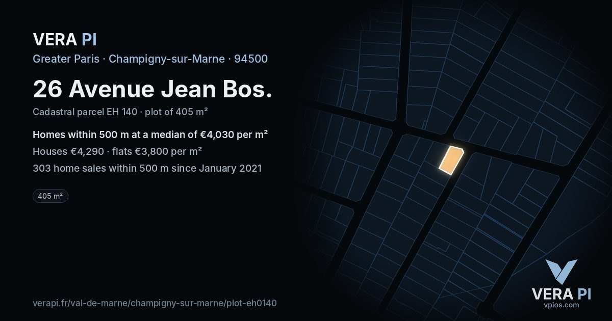 26 Avenue Jean Bos, Champigny-sur-Marne at night – the plot lit, the parcels around coloured by the prices near them