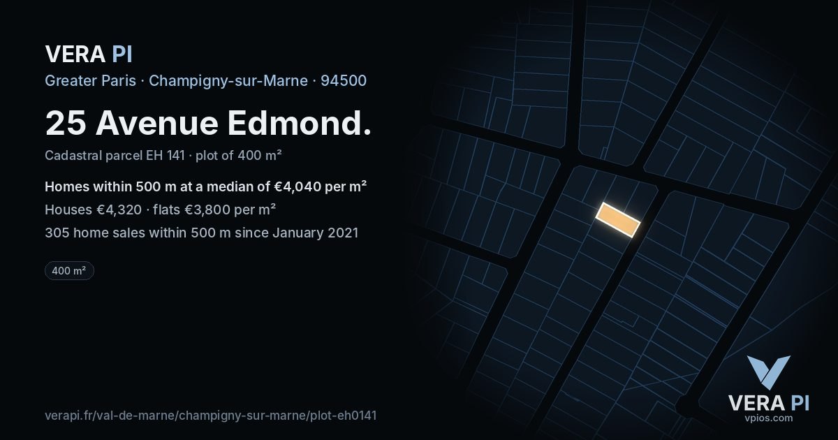25 Avenue Edmond, Champigny-sur-Marne at night – the plot lit, the parcels around coloured by the prices near them
