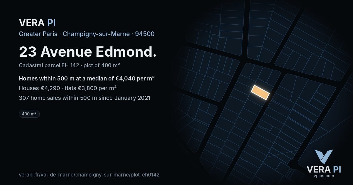 23 Avenue Edmond, Champigny-sur-Marne at night – the plot lit, the parcels around coloured by the prices near them