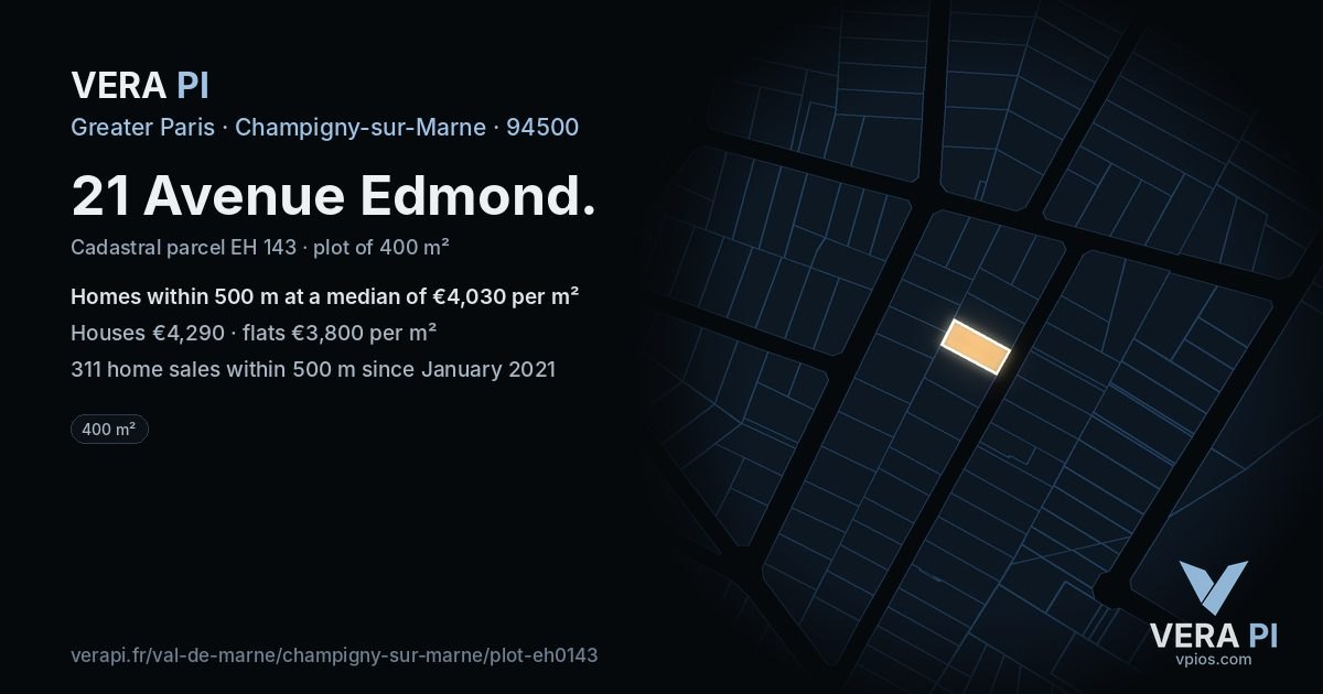 21 Avenue Edmond, Champigny-sur-Marne at night – the plot lit, the parcels around coloured by the prices near them