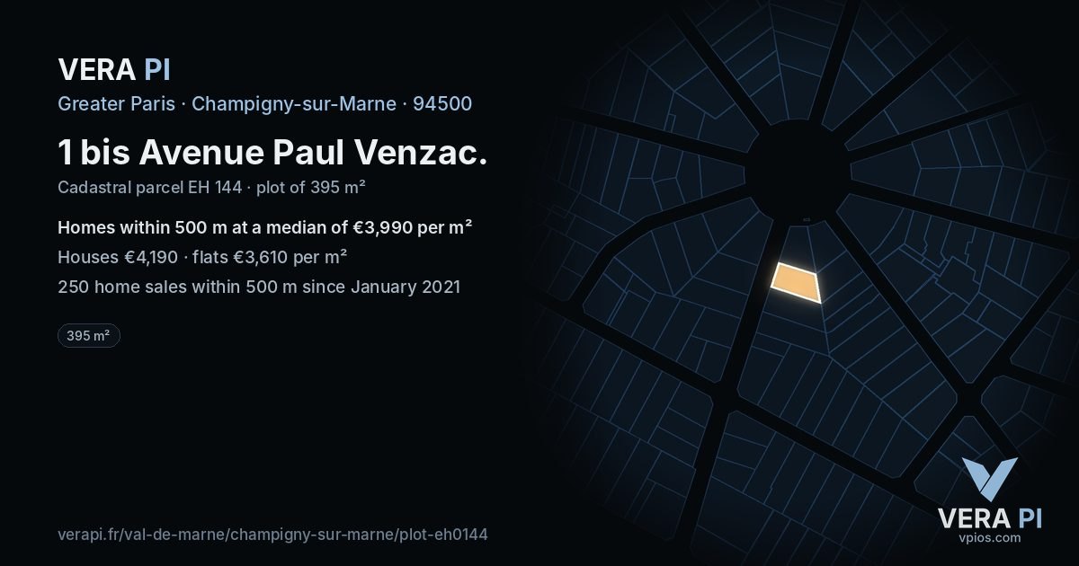 1 bis Avenue Paul Venzac, Champigny-sur-Marne at night – the plot lit, the parcels around coloured by the prices near them