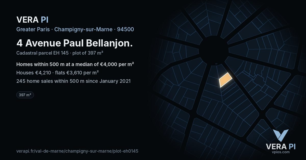 4 Avenue Paul Bellanjon, Champigny-sur-Marne at night – the plot lit, the parcels around coloured by the prices near them