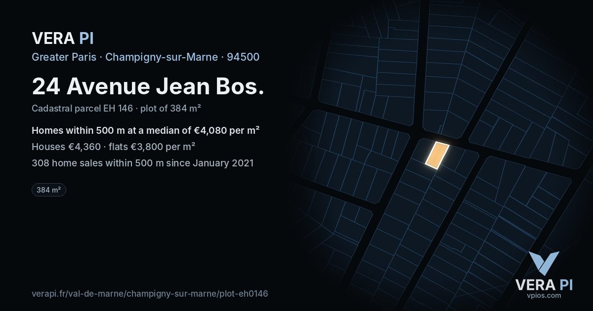 24 Avenue Jean Bos, Champigny-sur-Marne at night – the plot lit, the parcels around coloured by the prices near them