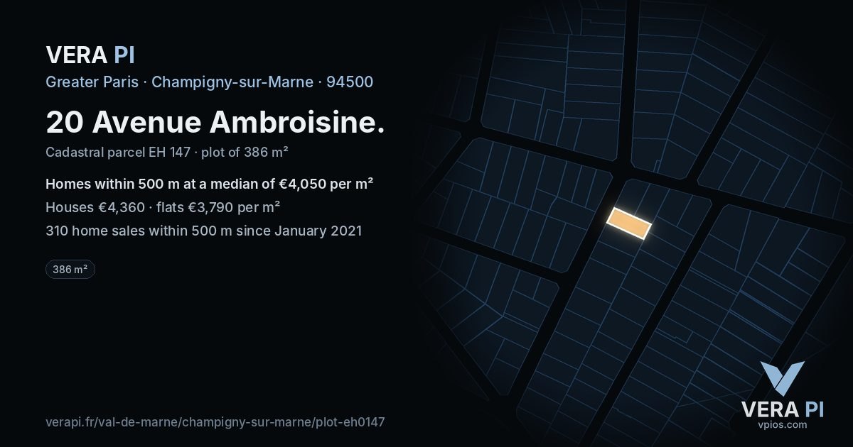 20 Avenue Ambroisine, Champigny-sur-Marne at night – the plot lit, the parcels around coloured by the prices near them