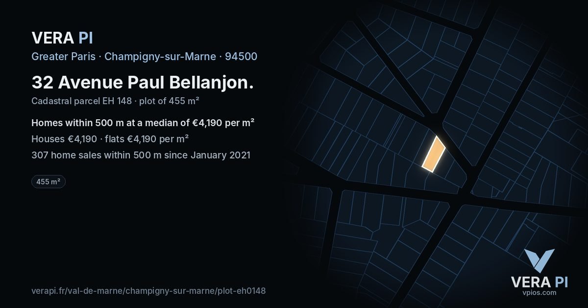 32 Avenue Paul Bellanjon, Champigny-sur-Marne at night – the plot lit, the parcels around coloured by the prices near them