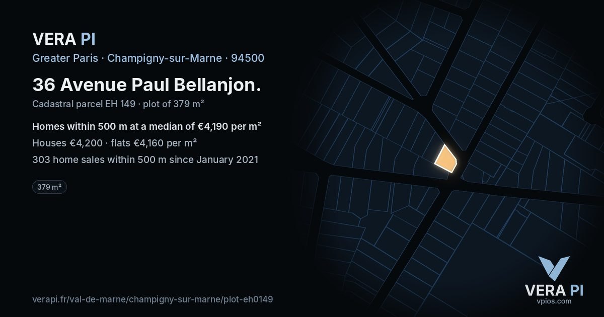 36 Avenue Paul Bellanjon, Champigny-sur-Marne at night – the plot lit, the parcels around coloured by the prices near them