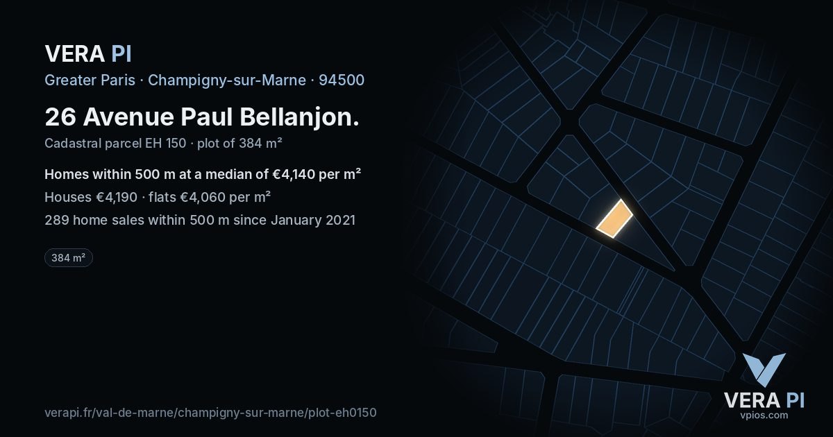 26 Avenue Paul Bellanjon, Champigny-sur-Marne at night – the plot lit, the parcels around coloured by the prices near them