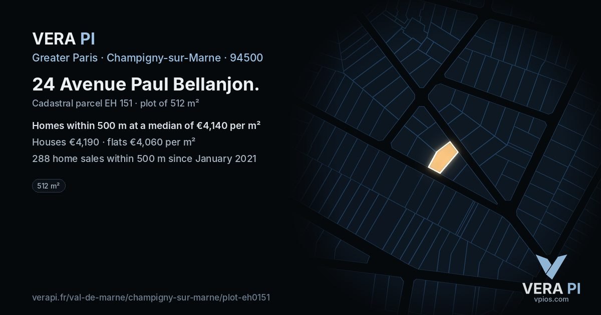 24 Avenue Paul Bellanjon, Champigny-sur-Marne at night – the plot lit, the parcels around coloured by the prices near them