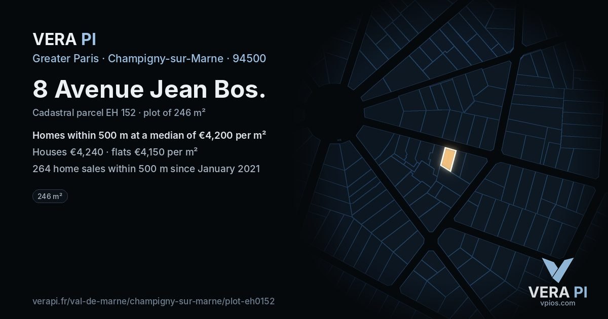 8 Avenue Jean Bos, Champigny-sur-Marne at night – the plot lit, the parcels around coloured by the prices near them