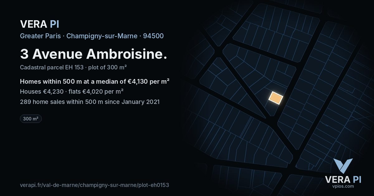3 Avenue Ambroisine, Champigny-sur-Marne at night – the plot lit, the parcels around coloured by the prices near them